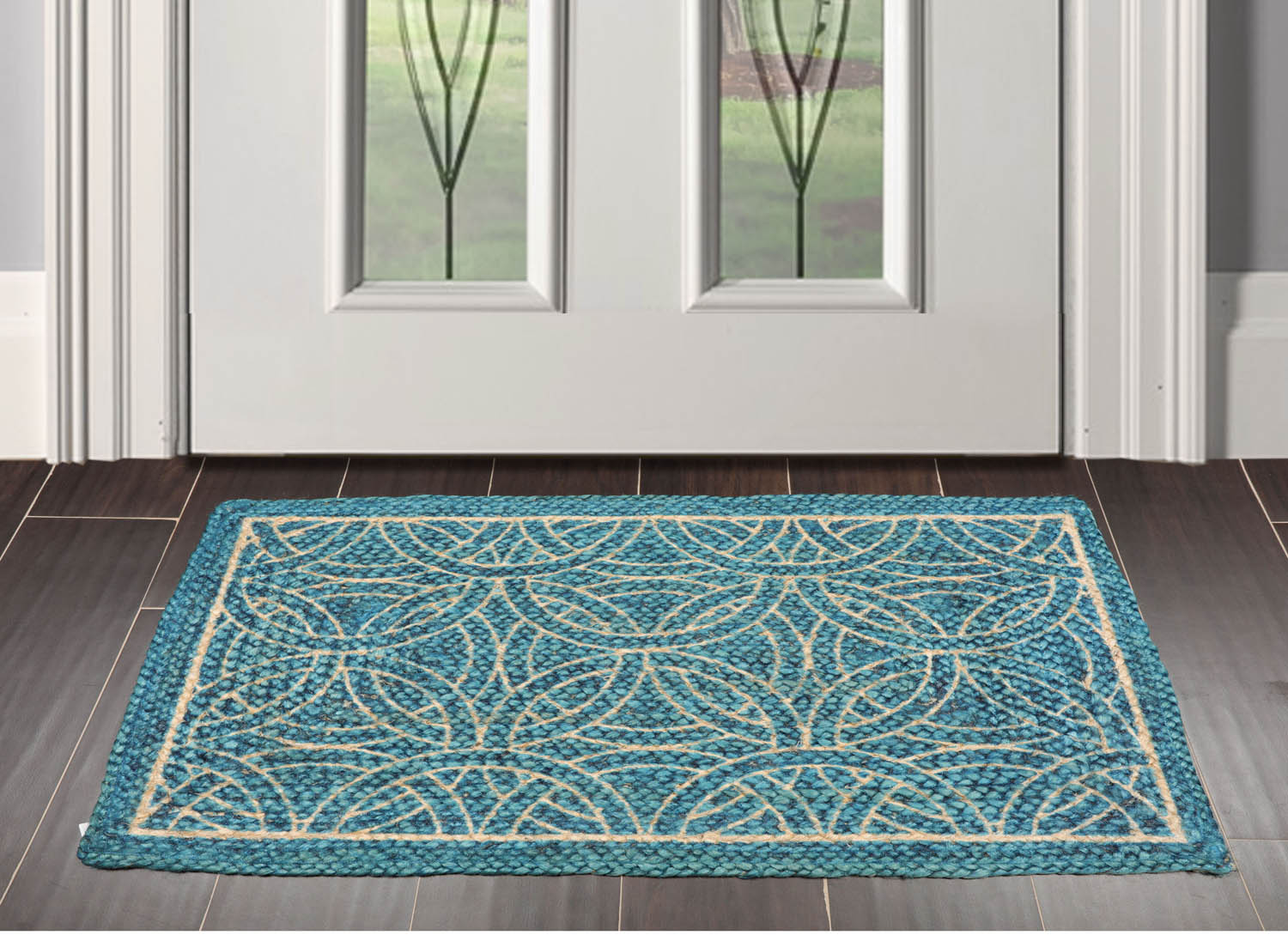 2x3 Blue, Beige, Color Hand Made Braided Mat Handspun Jute Modern & Contemporary Oriental Rug