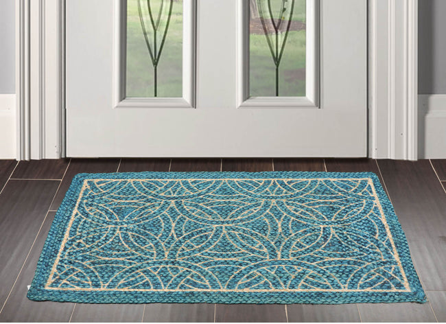 2x3 Blue, Beige, Color Hand Made Braided Mat Handspun Jute Modern & Contemporary Oriental Rug Hover Image