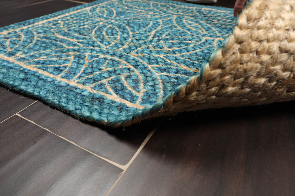 2x3 Blue, Beige, Color Hand Made Braided Mat Handspun Jute Modern & Contemporary Oriental Rug