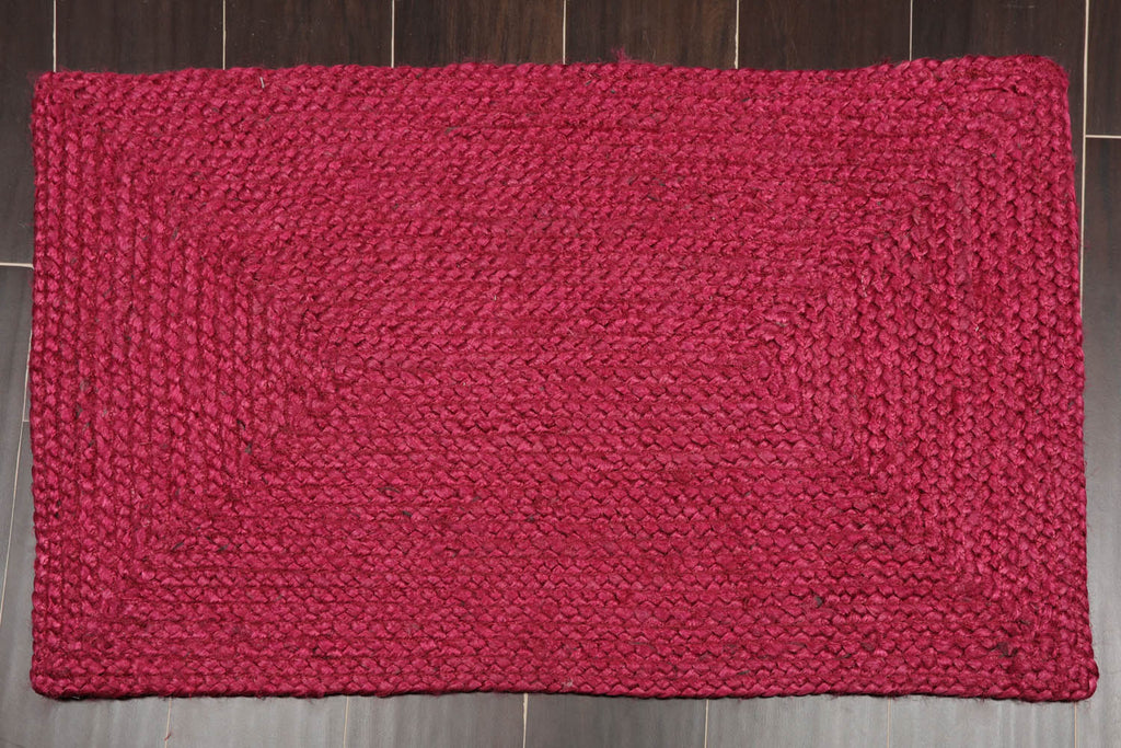 2x3 Burgundy, , Color Hand Made Braided Mat Handspun Jute Modern & Contemporary Oriental Rug