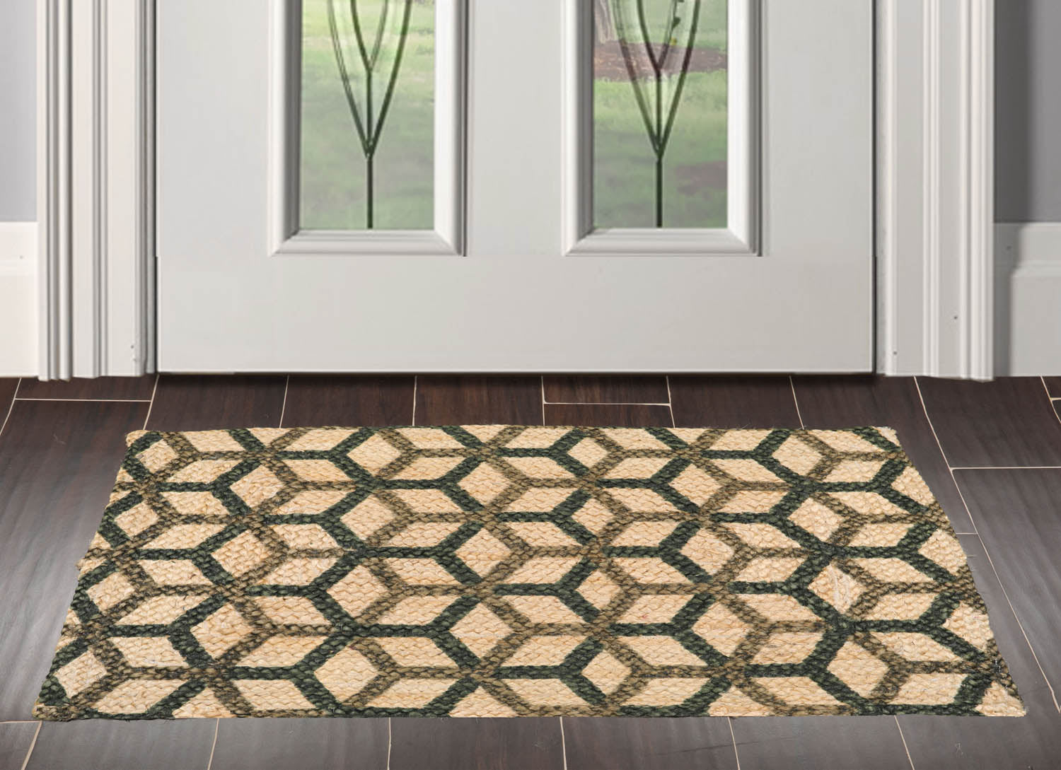 2x3 Tan Green Hand Made Handspun Jute Braided Mat – Modern & Contemporary Oriental Area Rug Secondary image