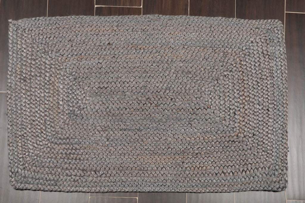 2x3 Gray, , Color Hand Made Braided Mat Handspun Jute Modern & Contemporary Oriental Rug