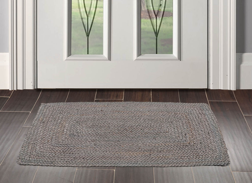 2x3 Gray, , Color Hand Made Braided Mat Handspun Jute Modern & Contemporary Oriental Rug
