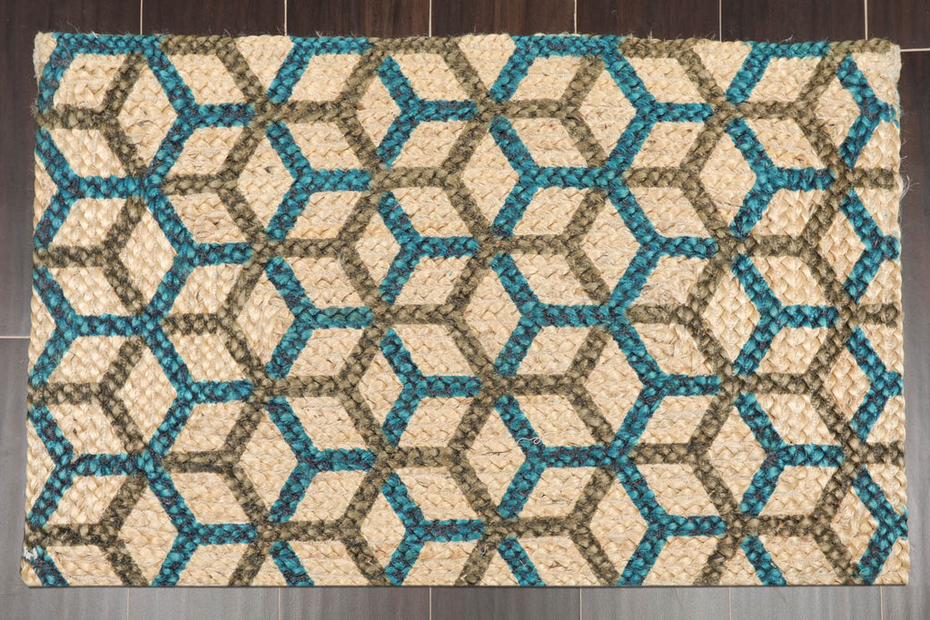 2x3 Tan, Teal, Brown Color Machine Made Braided Mat Handspun Jute Modern & Contemporary Oriental Rug