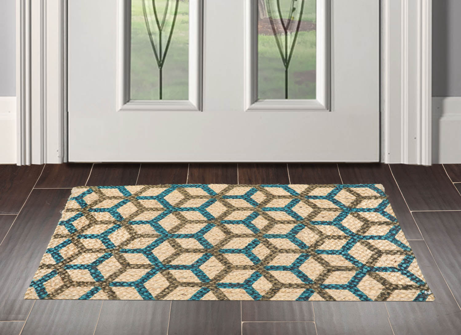 2x3 Tan, Teal, Brown Color Machine Made Braided Mat Handspun Jute Modern & Contemporary Oriental Rug
