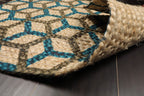 2x3 Tan, Teal, Brown Color Machine Made Braided Mat Handspun Jute Modern & Contemporary Oriental Rug