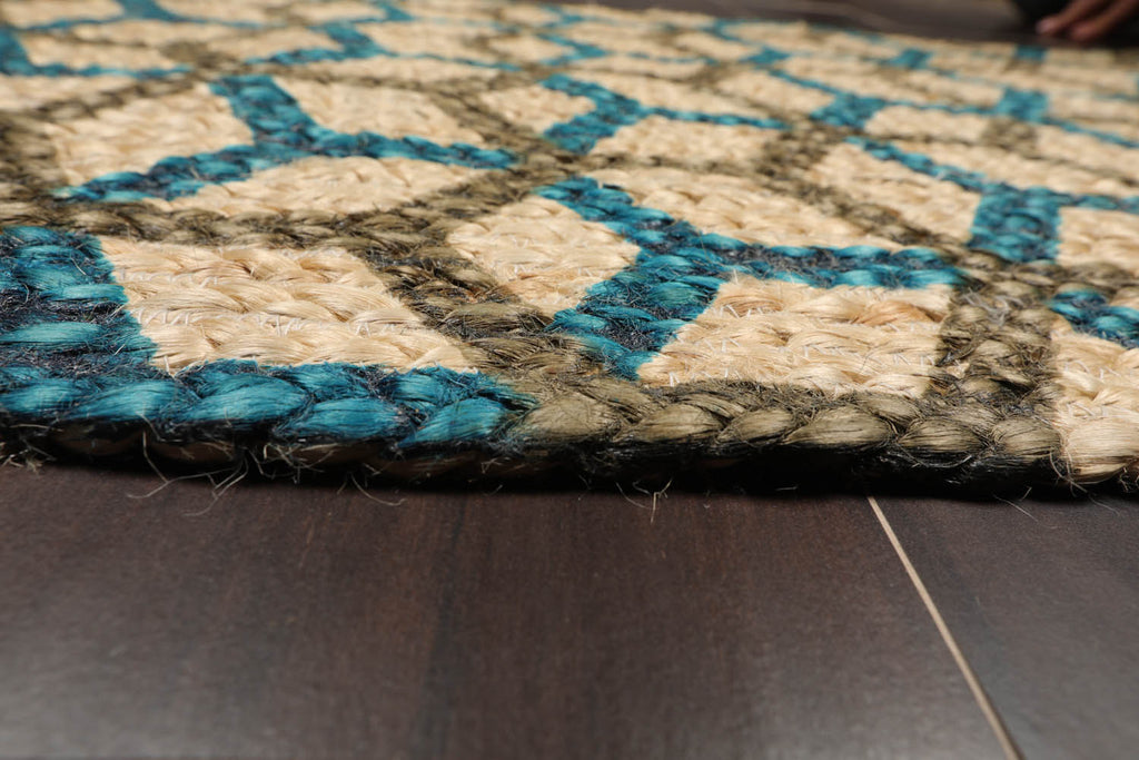 2x3 Tan, Teal, Brown Color Machine Made Braided Mat Handspun Jute Modern & Contemporary Oriental Rug