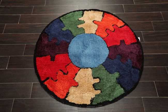4x4 Round Blue, Red & Multi Hand Tufted Oriental Area Rug – Super Soft Shag Polyester Cotton Blend Main Image